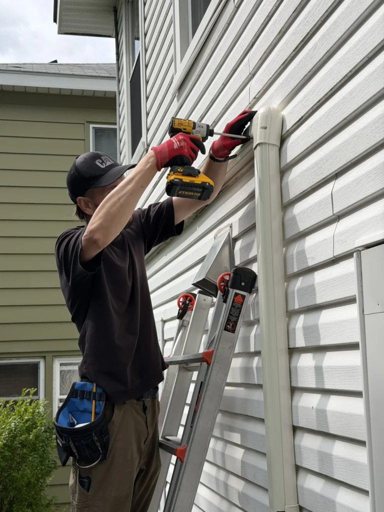 An Astello LLC technician wearing a black Caterpillar baseball cap and red work gloves stands on a ladder, using a cordless impact driver to secure a white vertical line hide cap onto the beige vinyl siding of a house.