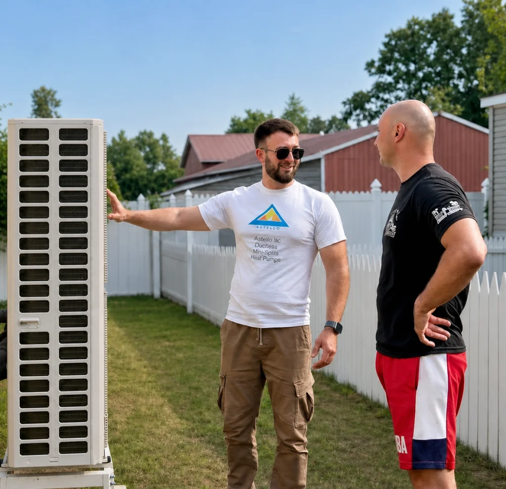 Astello LLC technician explaining a Cooper & Hunter ductless system installation to a customer in Saratoga, NY.